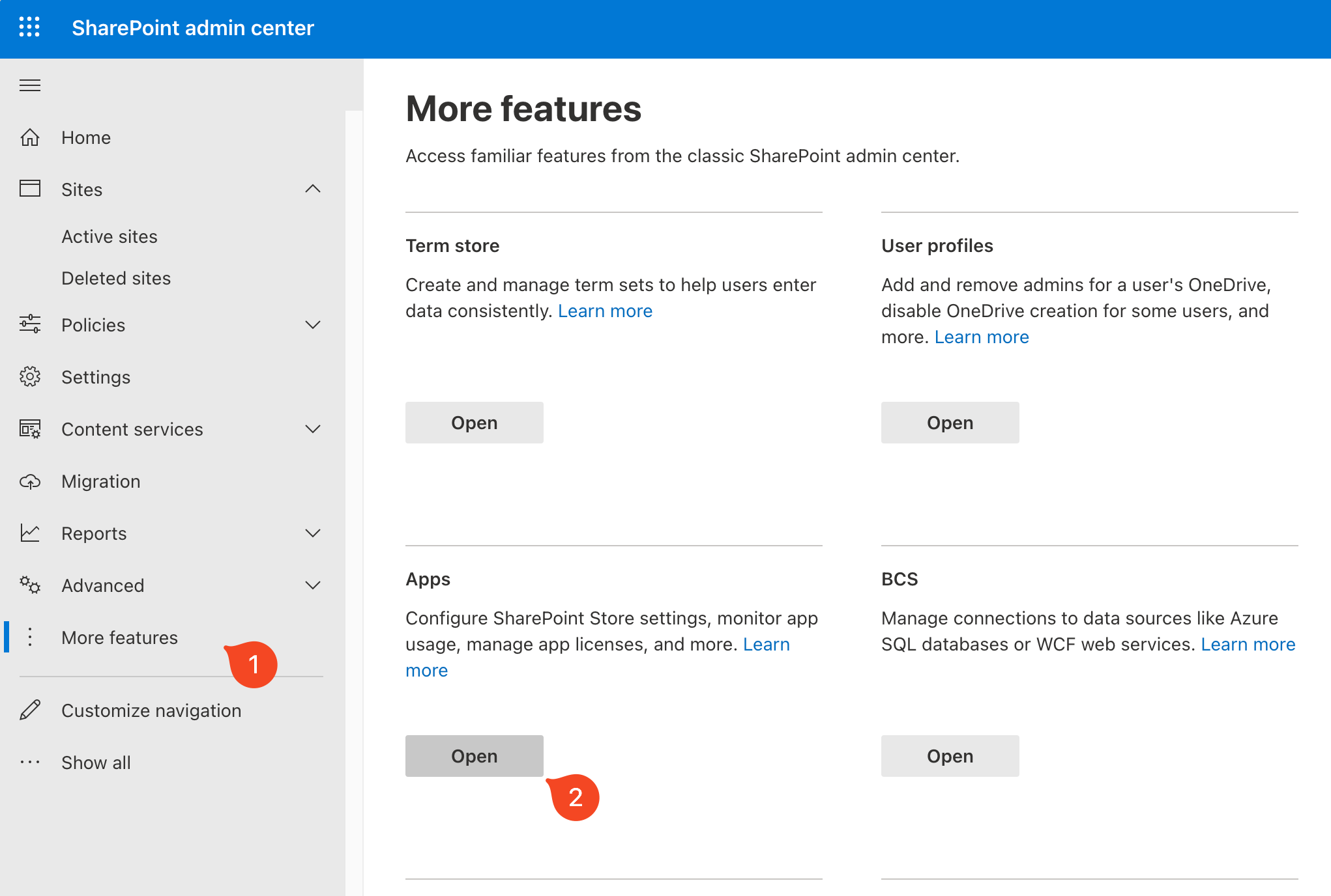 SharePoint Admin Center App Center button