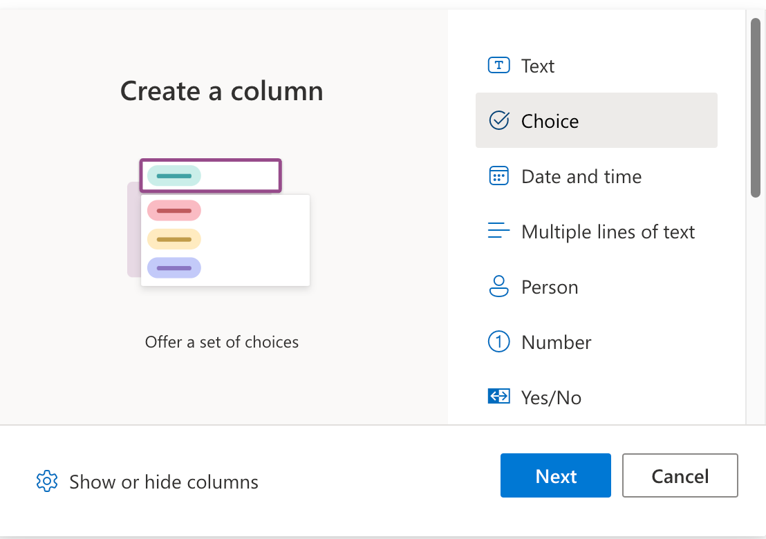 Column creation menu