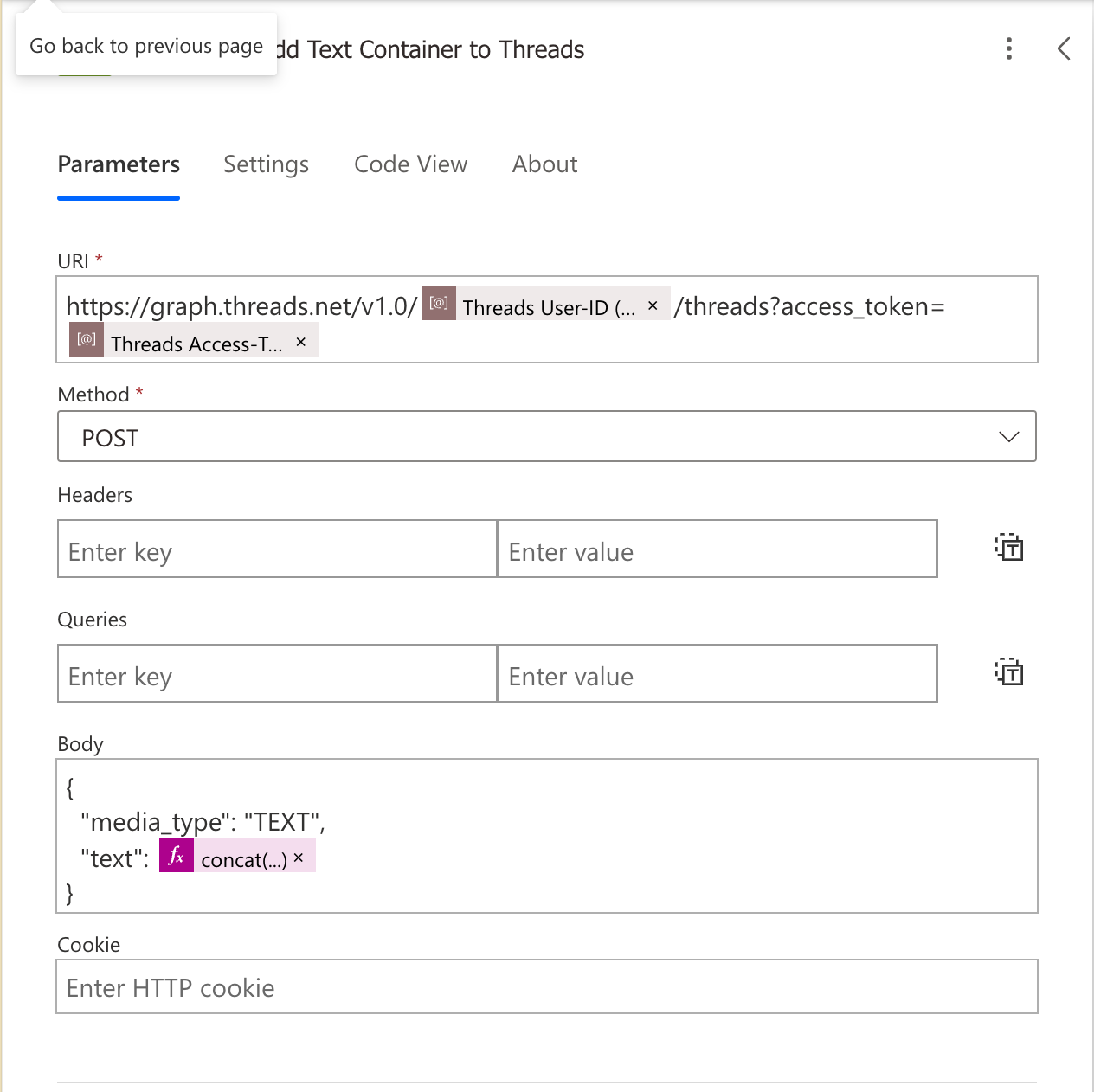 width: 50% HTTP action to create Threads post