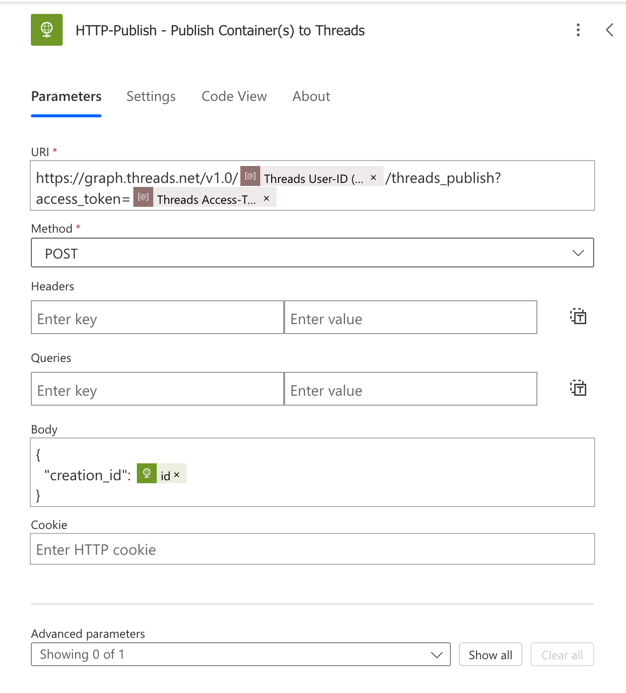 width: 50% HTTP action to publish Threads post